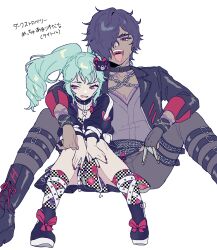 Rule 34 | 1boy, 1girl, arm over head, averting eyes, bear hair ornament, belt, black belt, black footwear, black jacket, blue hair, bone oyasumi, boots, chain, checkered clothes, checkered dress, checkered socks, chest tattoo, commentary request, dark-skinned male, dark skin, dress, drill hair, floral print, full body, grey pants, grey shirt, hair ornament, hair over one eye, hands on own legs, highres, idol land pripara, jacket, katasumi amari, knee boots, legs apart, long hair, long sleeves, looking at viewer, mario (pripara), nail polish, nervous smile, open mouth, pants, pretty series, pripara, red eyes, red nails, shirt, short hair, simple background, sitting, smile, tattoo, tongue, tongue out, translation request, twin drills, twintails, very long hair, white background, wristband