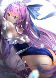 Rule 34 | 1girl, absurdres, ass, back, bare shoulders, blue eyes, blue one-piece swimsuit, blue ribbon, blush, breasts, choker, closed mouth, fate/grand order, fate (series), frills, hair between eyes, hair ribbon, highleg, highleg swimsuit, highres, long hair, looking at viewer, meltryllis, meltryllis (fate), meltryllis (swimsuit lancer) (fate), meltryllis (swimsuit lancer) (second ascension) (fate), one-piece swimsuit, puffy sleeves, purple hair, ribbon, sleeves past fingers, sleeves past wrists, small breasts, smile, solo, swimsuit, thighs, toratora (nanahaba), very long hair, water drop
