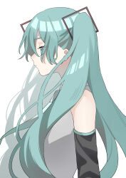Rule 34 | 1girl, absurdres, blue eyes, detached sleeves, expressionless, from side, hair ornament, hatsune miku, highres, long hair, necktie, nitsuki 09, profile, shirt, sleeveless, sleeveless shirt, solo, twintails, upper body, very long hair, vocaloid
