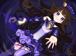 Rule 34 | 1girl, blue eyes, breasts, brown hair, closed mouth, commentary request, crescent, detached sleeves, dress, feathers, feet out of frame, from above, hand up, idol clothes, jinno (jin c kkry), kurosu aroma, long hair, looking at viewer, lying, on back, partially submerged, pretty series, pripara, purple dress, purple thighhighs, purple wings, reaching, reaching towards viewer, sleeveless, sleeveless dress, small breasts, smile, solo, thighhighs, water, wings