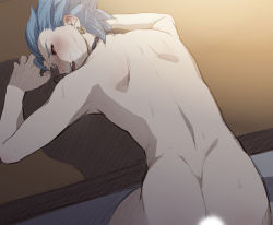 Rule 34 | 1boy, ass, bad id, bad pixiv id, bent over, blank censor, blue hair, blush, camus (dq11), censored, commentary request, completely nude, dragon quest, dragon quest xi, earrings, fang, from behind, implied sex, jewelry, lying, male focus, mondi hl, necklace, nude, on stomach, open mouth, profile, red eyes, short hair, solo