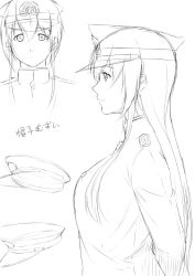 Rule 34 | 10s, 1girl, arms behind back, breasts, character sheet, epaulettes, female admiral (kancolle), greyscale, hair between eyes, hat, highres, kantai collection, large breasts, long hair, looking at viewer, military, military hat, military uniform, monochrome, niwatazumi, peaked cap, sidelocks, sketch, tatebayashi sakurako, translation request, uniform, upper body, white background