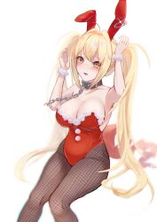 Rule 34 | 1girl, absurdres, ahoge, animal ears, belt collar, blonde hair, blurry, blurry background, blush, breasts, chingo (pixiv8584617), cleavage, collar, commentary, english commentary, facing viewer, fake animal ears, feet out of frame, fishnet pantyhose, fishnets, hair intakes, highres, large breasts, leotard, long hair, looking up, open mouth, original, pantyhose, playboy bunny, rabbit ears, red eyes, red leotard, simple background, sitting, solo, strapless, strapless leotard, twintails, white background, wrist cuffs