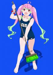 Rule 34 | 1girl, :d, absurdres, ahoge, alternate costume, bandaid, bandaid on knee, bandaid on leg, bare arms, bare shoulders, barefoot, blue background, blue one-piece swimsuit, broom, collarbone, fang, full body, highres, huge filesize, kantai collection, long hair, looking at viewer, momo (kancolle), multicolored hair, name tag, ojipon, one-piece swimsuit, open mouth, pink hair, red eyes, school swimsuit, smile, solo, standing, swimsuit, twintails