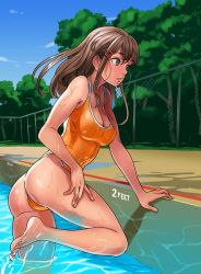 Rule 34 | 1girl, ass, barefoot, blue eyes, breasts, brown hair, cleavage, feet, hair ornament, hairclip, heart, highres, lips, long hair, manus, one-piece swimsuit, orange one-piece swimsuit, original, parted lips, pool, revision, solo, swimsuit, wet