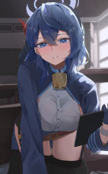 Rule 34 | 1girl, absurdres, ako (blue archive), bad anatomy, bell, black thighhighs, blue archive, blue eyes, blue hair, blue halo, blush, foreshortening, hair between eyes, halo, highres, indoors, long hair, long sleeves, looking at viewer, nagiushi, neck bell, open mouth, shirt, sleeveless, sleeveless shirt, solo, thighhighs, white shirt