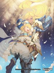 Rule 34 | 2girls, back, bad id, bad twitter id, blonde hair, blue eyes, boots, braid, cape, closed eyes, cloud, copyright name, crying, facial mark, feathers, force of will, gloves, hat, highres, hug, long hair, mie nabe, multiple girls, open mouth, siblings, sisters, teeth