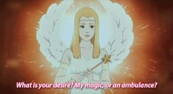 Rule 34 | 1girl, animated, animated gif, blonde hair, lowres, subtitled, text focus, tokyo godfathers, wand, wings