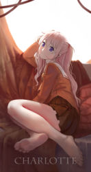 Rule 34 | 10s, 1girl, absurdres, barefoot, blue eyes, charlotte (anime), exe336, feet, hair in own mouth, highres, long hair, looking at viewer, pink hair, school uniform, serafuku, soles, toes, tomori nao, twintails, wavy hair