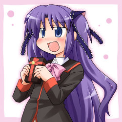 Rule 34 | 1girl, :d, bad id, bad pixiv id, blush, gift, hair ribbon, holding, little busters!, lowres, nekotoufu, open mouth, purple eyes, purple hair, ribbon, sasasegawa sasami, school uniform, smile, solo, two side up, valentine