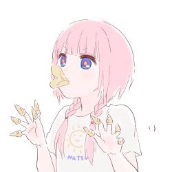Rule 34 | 1girl, blue eyes, braid, bugles, bugles (food), bugles on fingers, chips (food), clothes writing, commentary, food, food in mouth, food on hand, highres, kaf (kamitsubaki studio), kamitsubaki studio, long hair, low twin braids, memori (egachachachan), multicolored eyes, pink hair, potato chips, pringle duck, pringles, shirt, simple background, sketch, solo, t-shirt, twin braids, twintails, upper body, virtual youtuber, white background, yellow pupils