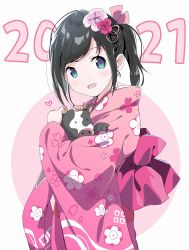 Rule 34 | 1girl, 2021, :d, animal, animal hug, black hair, blue eyes, blush, chinese zodiac, commentary request, cow, floral print, flower, furisode, hair flower, hair ornament, highres, japanese clothes, kimono, long hair, long sleeves, looking at viewer, open mouth, original, pink background, pink flower, pink kimono, ponytail, print kimono, red flower, smile, solo, swept bangs, tantan men (dragon), two-tone background, white background, wide sleeves, year of the ox