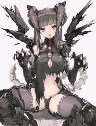 Rule 34 | 1girl, black hair, black thighhighs, blunt bangs, breasts, cleavage, headgear, highres, looking at viewer, mecha musume, mechanical arms, nanatsuki sousuke, navel, open mouth, original, red eyes, sitting, solo, spread legs, thighhighs, torn clothes, wings