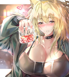 Rule 34 | 1girl, absurdres, alcohol, animal ears, arknights, bad id, bad pixiv id, blonde hair, blurry, blurry background, blush, breasts, choker, cleavage, collarbone, cup, drinking glass, green eyes, green jacket, hair between eyes, heart, highres, holding, holding cup, jacket, jjkl9195, large breasts, lion ears, long hair, looking at viewer, official alternate costume, siege (arknights), siege (legacy) (arknights), solo, tank top
