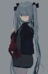 Rule 34 | 1girl, blue eyes, expressionless, female focus, grey background, hatsune miku, highres, jacket, long hair, muki, simple background, solo, stuffed animal, stuffed rabbit, stuffed toy, twintails, vocaloid