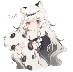 Rule 34 | 1girl, animal ears, arknights, artist name, black capelet, blush, braid, capelet, character name, commentary, cropped torso, english commentary, grey eyes, hair between eyes, headpiece, highres, holding, holding own tail, leopard ears, leopard tail, long hair, long sleeves, looking at viewer, mochii, pramanix (arknights), signature, silver hair, simple background, single braid, solo, tail, turtleneck, upper body, white background