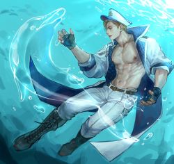 Rule 34 | 1boy, air bubble, bara, blonde hair, boots, brown eyes, bubble, dolphin, fingerless gloves, gloves, hat, highres, jacket, jewelry, knee boots, large pectorals, male focus, military, military uniform, muscular, muscular male, naval uniform, navel, necklace, nipples, ocean, seafloor, open clothes, open jacket, original, pants, pectorals, sancho (artist), short hair, solo, submerged, uniform, water, white pants