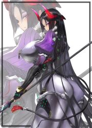 Rule 34 | 1girl, arm guards, armor, ass, bodysuit, breasts, fate/grand order, fate (series), gloves, glowing, glowing eyes, gond, highres, holding, holding polearm, holding weapon, horns, huge breasts, japanese armor, long hair, looking at viewer, low-tied long hair, minamoto no raikou (fate), parted bangs, polearm, purple bodysuit, purple eyes, purple hair, red horns, ribbed sleeves, rope, solo, spear, very long hair, weapon