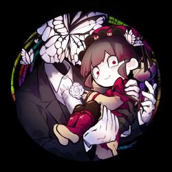 Rule 34 | 1boy, 1girl, animal head, aosoraa6, black jacket, black pantyhose, boots, brown hair, bug, butterfly, carrying, carrying person, closed mouth, commentary request, dress, flower, frilled hat, frills, funeral of the dead butterflies, hat, hat bell, highres, insect, jacket, lace-trimmed sleeves, lace trim, laetitia (project moon), lobotomy corporation, long sleeves, no nose, pale skin, pantyhose, pink dress, pink eyes, pink footwear, pink headwear, project moon, shirt, short hair, smile, white butterfly, white flower, white shirt