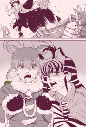 Rule 34 | 2koma, 3girls, accident, animal ears, antlers, bell, captain (kemono friends), cellien (kemono friends), chainsaw man, collared shirt, comic, commentary request, crash, deer ears, extra ears, fur-trimmed sleeves, fur trim, gloom (expression), gloves, green eyes, heterochromia, highres, horns, jacket, jingle bell, kemono friends, kemono friends 3, layered sleeves, leaning to the side, long hair, long sleeves, meme, metamimi, motion lines, multicolored hair, multiple girls, neck bell, necktie, nervous sweating, open mouth, parody, plains zebra (kemono friends), power crashes kobeni&#039;s car (meme), red eyes, reindeer (kemono friends), reindeer antlers, savanna striped giant slug (kemono friends), sharp teeth, shirt, short over long sleeves, short sleeves, sidelocks, silent comic, sled, style parody, sweat, teeth, tongue, upper teeth only, very long hair, wide-eyed, wing collar, zebra ears