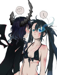 Rule 34 | ..., 10s, 2girls, angry, bad id, bad pixiv id, bikini, bikini top only, black hair, black rock shooter, black rock shooter (character), blue eyes, bruise, crying, crying with eyes open, dead master, front-tie top, glowing, glowing eye, glowing eyes, green eyes, horns, injury, kanke (yonkuma), long hair, looking at another, looking away, multiple girls, navel, scar, speech bubble, spoken ellipsis, stitches, swimsuit, tears, torn clothes, twintails, uneven twintails, very long hair, vocaloid, wings