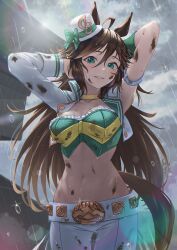 Rule 34 | 1girl, ahoge, animal ears, arm strap, armpits, arms up, bow, breasts, brown hair, choker, cleavage, commentary request, cowboy shot, crop top, green bow, green eyes, green shirt, grin, hair between eyes, hat, hat bow, highres, horse ears, large breasts, long hair, long sleeves, looking at viewer, midriff, mini hat, mini top hat, mr. c.b. (umamusume), nabe puyo, navel, rain, shirt, single sleeve, smile, solo, standing, stomach, strapless, strapless shirt, tail, top hat, umamusume, very long hair, white hat, yellow choker