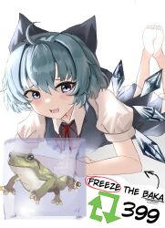 Rule 34 | 1girl, absurdres, ahoge, animal, barefoot, blue bow, blue dress, blue eyes, blue hair, blush, bow, cirno, collared shirt, commentary, detached wings, dress, english commentary, english text, fairy, frog, frozen frog, hair between eyes, hair bow, highres, ice, ice wings, looking at viewer, lying, on stomach, open mouth, ougiikun, pinafore dress, shirt, short hair, short sleeves, simple background, sleeveless, sleeveless dress, solo, the pose, touhou, white background, white shirt, wings