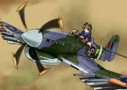 Rule 34 | 1girl, aircraft, airplane, blonde hair, breasts, female focus, fighter planes, flying, gloves, goggles, green eyes, looking at viewer, missile, necktie, original, outdoors, school uniform, short hair, skirt, sky, smile, solo, thighhighs, tokihama jirou, uniform, zettai ryouiki