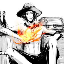 Rule 34 | 1boy, barrel, beads, bottle, fire, freckles, hat, jewelry, leaning, male focus, monochrome, necklace, one piece, pectorals, portgas d. ace, shorts, sitting, solo, spot color, stampede string, tattoo, topless male, treasure chest