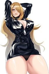 Rule 34 | 1girl, arms behind head, black dress, blonde hair, breasts, cleavage, collarbone, creatures (company), cynthia (pokemon), dress, from below, game freak, hair over one eye, highres, large breasts, legs, long hair, long sleeves, looking at viewer, nintendo, open clothes, open dress, pencil skirt, pokemon, pokemon dppt, skirt, smile, solo, thick thighs, thighs, volyz, yellow eyes