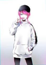 Rule 34 | 1girl, arm up, black choker, black hat, black pants, choker, chromatic aberration, colored skin, commentary request, hand in pocket, hat, highres, long hair, long sleeves, mellow rag, pants, pink hair, sleeves past wrists, solo, sweater, white skin, white sweater