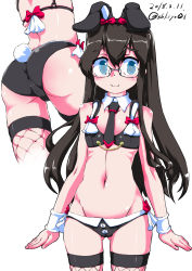 Rule 34 | 1girl, animal ears, artist name, ass, bikini, black bikini, black hair, black necktie, blue eyes, bow, bow bikini, buttons, dated, detached collar, fishnet thighhighs, fishnets, glasses, gluteal fold, hair between eyes, highres, kantai collection, long hair, navel, necktie, ooyodo (kancolle), rabbit ears, rabbit tail, red bow, short necktie, simple background, smile, solo, sukiyo, swimsuit, tail, thighhighs, white background, wristband