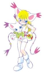 Rule 34 | 1girl, animal ears, blonde hair, blue eyes, cat ears, cat tail, digimon, digimon adventure, lowres, personification, solo, tail, tailmon