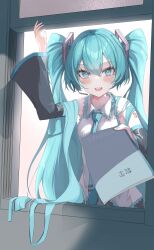 Rule 34 | 1girl, :d, aqua eyes, aqua hair, aqua nails, aqua necktie, bare shoulders, black skirt, black sleeves, blush, breasts, collarbone, commentary, detached sleeves, giving, hair ornament, hatsune miku, headphones, headset, highres, indoors, kawasuru (15miclon), long hair, looking at viewer, necktie, open mouth, open window, pleated skirt, reaching, reaching towards viewer, shirt, skirt, small breasts, smile, solo, teeth, through window, translated, tsurime, twintails, upper body, upper teeth only, very long hair, vocaloid, white shirt, window