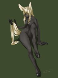 Rule 34 | 1girl, animal ears, animal hands, arm support, bell7545, black skin, blonde hair, closed eyes, collarbone, colored eyelashes, colored skin, convenient leg, facing to the side, fewer digits, full body, green background, highres, holding own tail, hooves, knee up, large hands, long hair, monster girl, navel, original, signature, simple background, solo, tail
