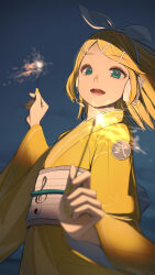 Rule 34 | 1girl, aqua eyes, bananafish1111, blonde hair, blurry, blurry foreground, bow, depth of field, dusk, eyelashes, eyeshadow, fireworks, hair ornament, hairclip, headphones, headset, highres, holding, holding fireworks, japanese clothes, kagamine rin, kimono, lips, looking at viewer, makeup, musical note, musical note print, night, night sky, obi, open mouth, purple eyeshadow, sash, sky, smile, sparkler, swept bangs, treble clef, vocaloid, white bow, white sash, wide sleeves, yellow kimono, yellow nails