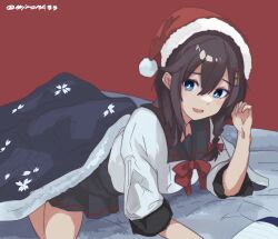 Rule 34 | 1girl, adapted costume, all fours, blanket, blue eyes, bow, braid, fur-trimmed headwear, fur trim, hair flaps, hair ornament, hair over shoulder, hat, highres, kantai collection, long hair, miron (mirona33), red background, red bow, red headwear, santa hat, school uniform, serafuku, shigure (kancolle), shirt, simple background, single braid, smile, solo, white shirt