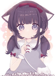 Rule 34 | 1girl, absurdres, animal bag, animal ear fluff, animal ears, bag, bow hairband, brown hair, cat bag, cat ears, cat girl, commentary, dress, expressionless, future c0v0c, hair ornament, hair scrunchie, hairband, highres, index finger raised, long hair, low twintails, original, purple eyes, scrunchie, short sleeves, shoulder bag, sleeve bow, solo, symbol-only commentary, twintails, wrist cuffs