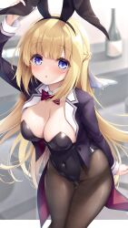 Rule 34 | 1girl, animal ears, arm behind back, arm up, black jacket, black leotard, black pantyhose, blonde hair, blue eyes, blush, bow, bowtie, braid, breasts, cleavage, covered navel, detached collar, fake animal ears, groin, highleg, highleg leotard, highres, jacket, large breasts, leaning forward, leotard, long hair, looking at viewer, mikagami mamizu, mikuriya ren, open clothes, open jacket, open mouth, pantyhose, playboy bunny, rabbit ears, solo, strapless, strapless leotard, thighs, unless terminalia