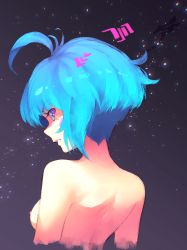 Rule 34 | 1girl, absurdres, aetherion, ahoge, aqua eyes, aqua hair, back, back focus, blush stickers, breasts, chromatic aberration, cropped torso, from behind, highres, medium breasts, multicolored eyes, nipples, nude, original, pink eyes, short hair, sky, solo, space girl (aetherion), star (sky), starry sky, upper body