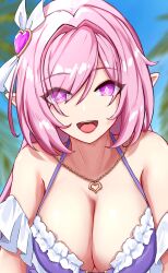 Rule 34 | 1girl, :d, bare shoulders, bikini, blue sky, blurry, blurry background, breasts, commentary request, day, depth of field, elysia (honkai impact), frilled bikini, frills, hair intakes, hair ornament, hair over one eye, heart, heart hair ornament, heart necklace, highres, honkai (series), honkai impact 3rd, jewelry, large breasts, long hair, looking at viewer, necklace, open mouth, outdoors, palm tree, pink hair, pointy ears, purple bikini, purple eyes, sky, slash-ex, smile, solo, swimsuit, teeth, tree, upper body, upper teeth only