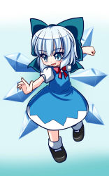 Rule 34 | 1girl, akabashi yuusuke, blue eyes, blue hair, bow, cirno, gradient background, hair bow, highres, ice, ice wings, matching hair/eyes, open hand, simple background, socks, solo, touhou, wings