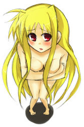 Rule 34 | 00s, 1girl, blonde hair, blush, covering privates, fate testarossa, from above, long hair, lyrical nanoha, mahou shoujo lyrical nanoha, mahou shoujo lyrical nanoha strikers, mukunoki nanatsu, nude, nude cover, perspective, red eyes, solo, very long hair