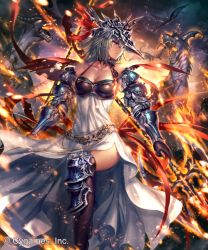 Rule 34 | 1girl, armor, black gloves, black thighhighs, blue eyes, breasts, cleavage, collarbone, dragon, dress, fire, gloves, green hair, hair between eyes, holding, holding weapon, irua, mars (shingeki no bahamut), medium breasts, night, outdoors, parted lips, polearm, shingeki no bahamut, short hair, sleeveless, sleeveless dress, solo, spear, standing, thighhighs, weapon, white dress