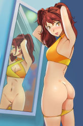 Rule 34 | 1girl, armpits, arms behind head, ass, ass focus, atlus, blush, breasts, brown hair, cleavage, ear piercing, earrings, jewelry, kujikawa rise, looking at viewer, medium breasts, mirror, panties, panty pull, persona, persona 4, piercing, smile, solo, source request, sunbeam (artist), swimsuit, twintails, underwear