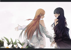 Rule 34 | 2girls, absurdres, bare shoulders, black dress, black hair, black jacket, blunt bangs, cowboy shot, detached sleeves, dress, final fantasy, final fantasy xiv, flower, from behind, gaia (ff14), hair ribbon, highres, holding hands, jacket, jacket partially removed, long hair, long sleeves, looking at another, multiple girls, open mouth, orange hair, outdoors, outstretched arm, red ribbon, ribbon, ryne waters, smile, straight hair, thighhighs, wavy hair, white background, white dress, white flower, yorukun