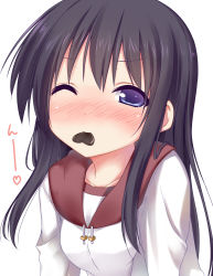 Rule 34 | 1girl, absurdres, black hair, blue eyes, blush, candy, chocolate, chocolate heart, collarbone, food, heart, highres, hisae (hisae collect), long hair, mouth hold, one eye closed, original, simple background, solo, white background, wink