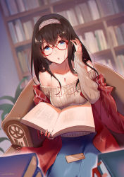 Rule 34 | 10s, 1girl, bespectacled, black hair, blue eyes, book, breasts, chestnut mouth, glasses, hairband, highres, idolmaster, idolmaster cinderella girls, jewelry, limbo (artist), long hair, long sleeves, looking at viewer, necklace, sagisawa fumika, shawl, solo, sweater