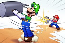 2boys artist_name blue_overalls boots brothers brown_footwear facial_hair gloves green_hat green_shirt hammer hat highres holding holding_hammer luigi male_focus mario mario_&amp;_luigi:_brothership mario_&amp;_luigi_rpg mario_(series) multiple_boys mustache nintendo open_mouth overalls red_hat red_shirt shirt siblings vinny_(dingitydingus) white_background white_gloves