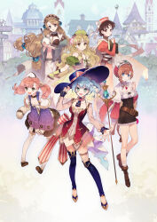 6+girls ascot atelier_(series) atelier_ayesha atelier_elie atelier_escha_&amp;_logy atelier_marie atelier_rorona ayesha_altugle bare_shoulders blonde_hair blue_ascot blue_eyes blue_hair blue_hat blue_sky blush book bow bracelet breasts brown_eyes brown_hair building cape capelet choker cleavage dress earrings elfir_traum escha_malier flower full_body green_eyes hair_between_eyes hair_flower hair_ornament hand_up hat hat_bow highres holding holding_book holding_staff jewelry long_hair long_sleeves looking_at_viewer low-tied_long_hair marie_(atelier) medium_breasts multiple_girls navel nelke_to_densetsu_no_renkinjutsushi_tachi nelke_von_luchetam noco_(adamas) off-shoulder_dress off_shoulder official_art open_mouth orange_dress orange_hat parted_bangs pink_hair pink_hat rorolina_frixell short_hair side_ponytail sky smile staff standing striped_bow tail twintails wrist_cuffs